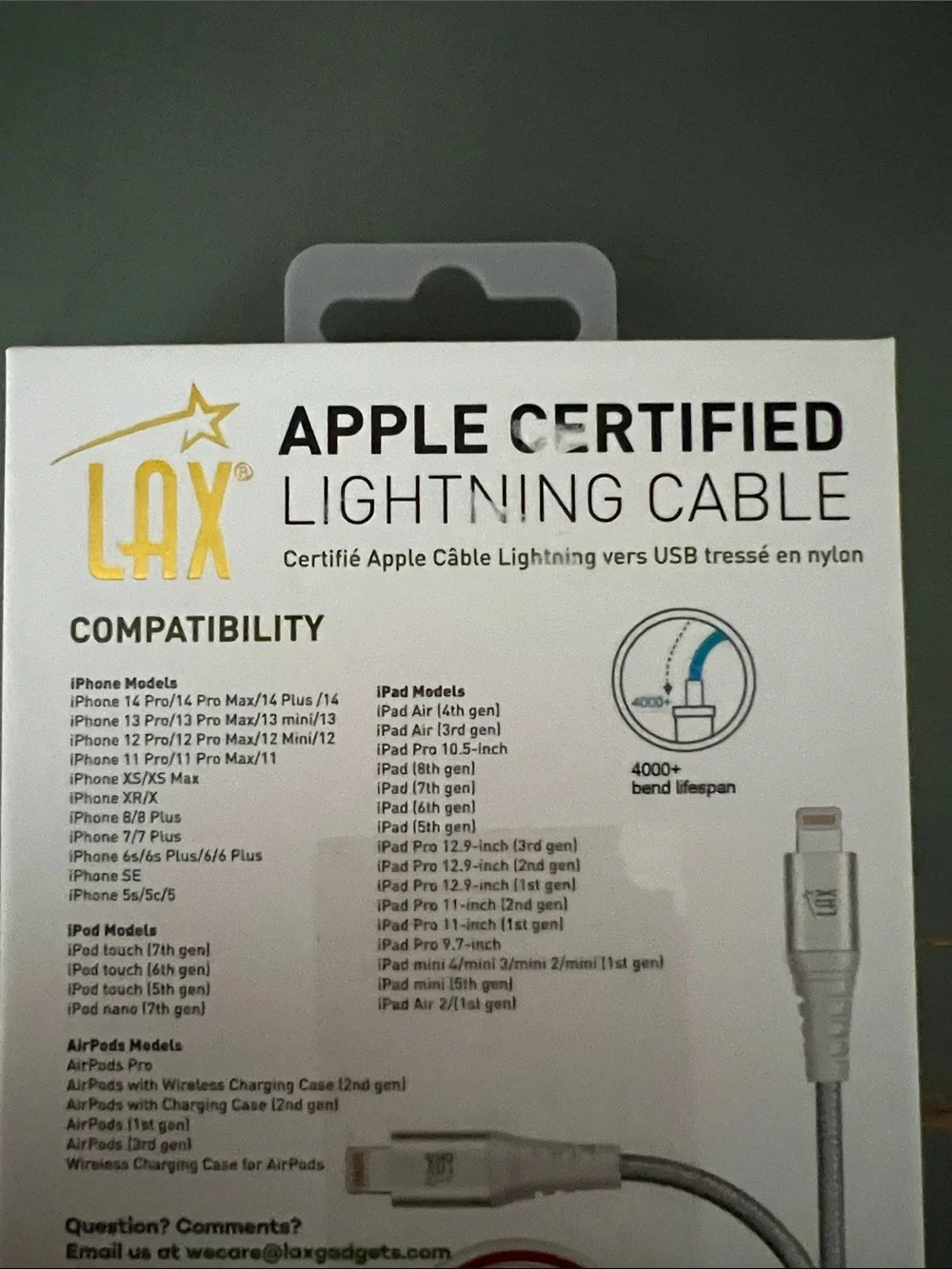 LAX Silver Apple Certified Lightning Cable 6ft for iPhone & iPad